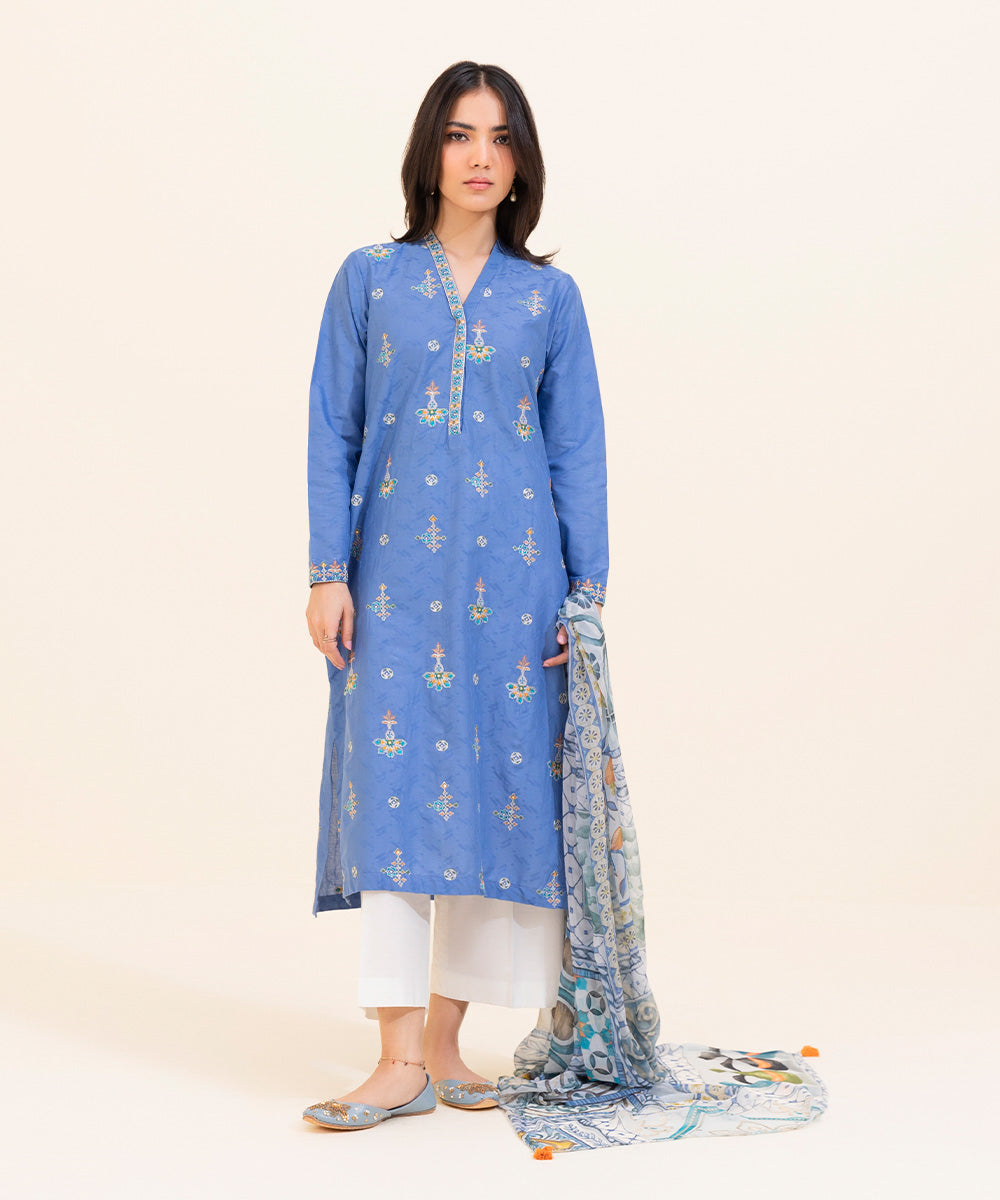 Women's Eid Pret Self Jacquard Embroidered Turqoise 2 Piece Suit