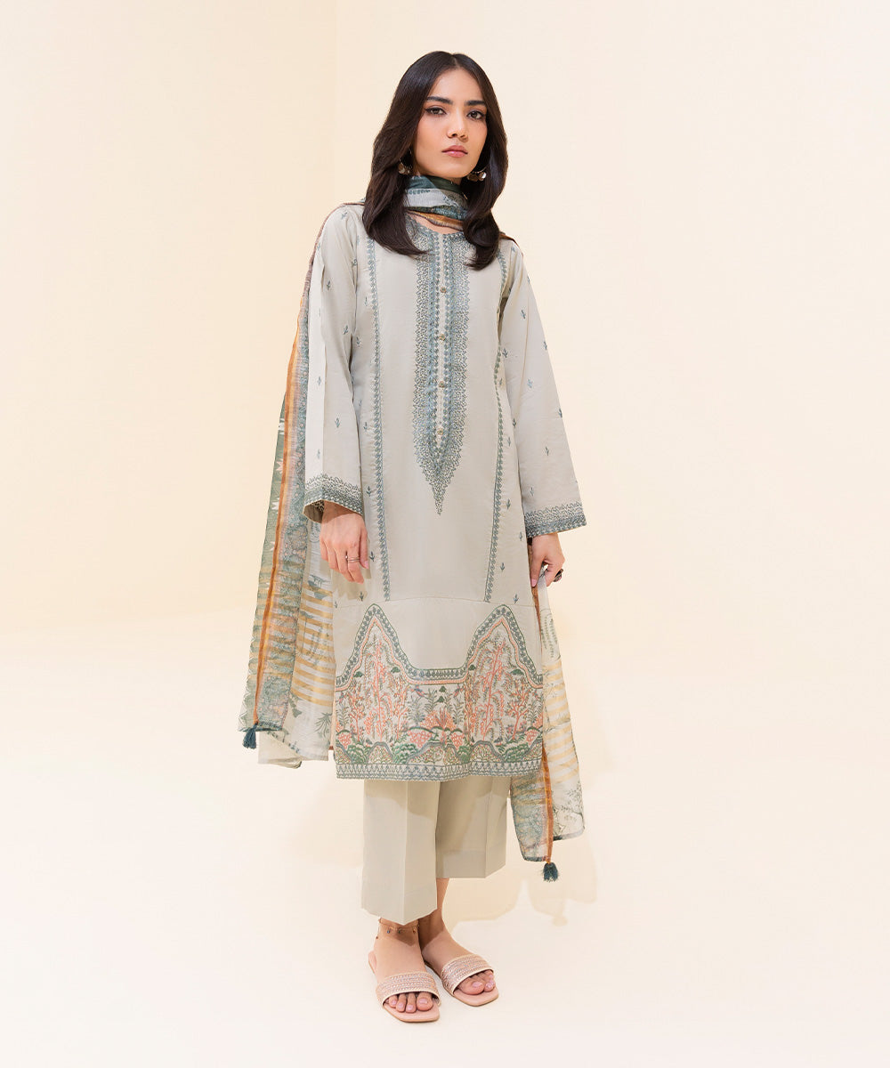 Women's Eid Pret Cotton Satin Embroidered Grey 3 Piece Suit
