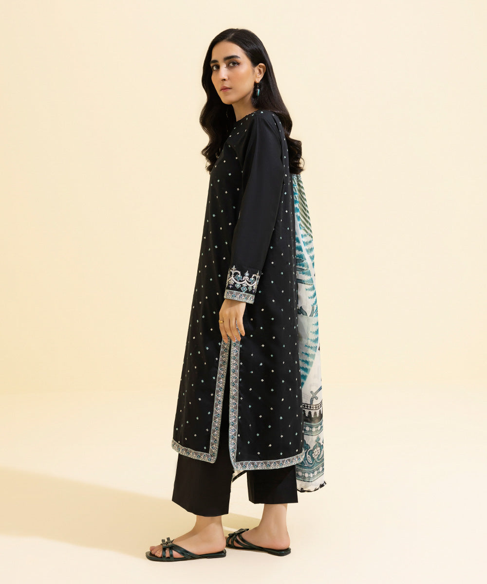 Women's Eid Pret Cotton Satin Embroidered Black 2 Piece Suit