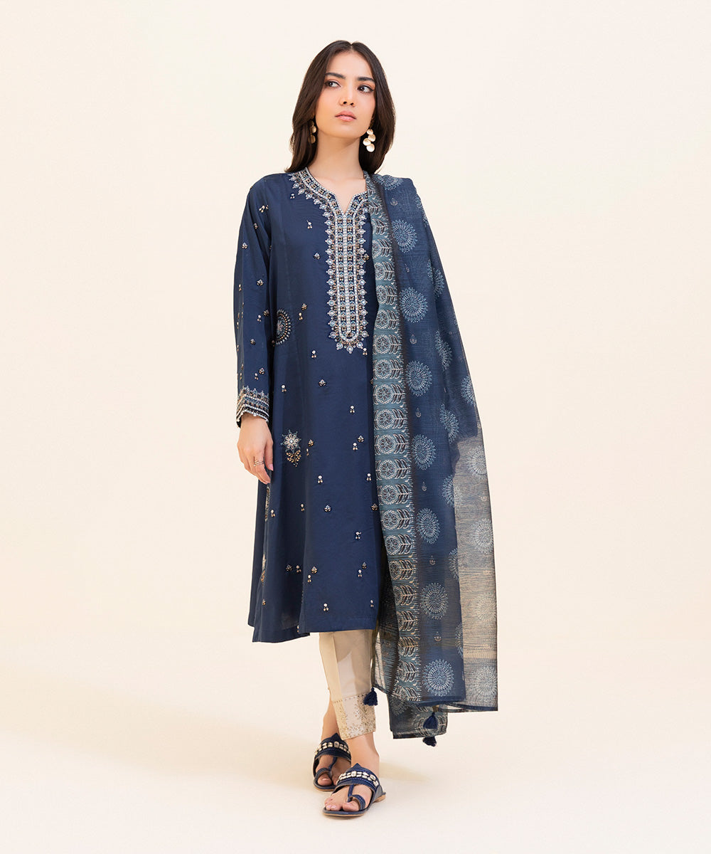 Women's Eid Pret Cotton Satin Embroidered Navy 2 Piece Suit