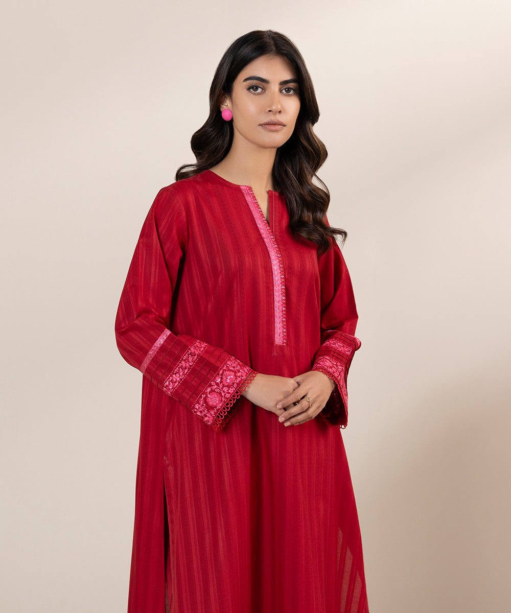 Women's Pret Dobby Solid Embroidered Red A-Line Shirt
