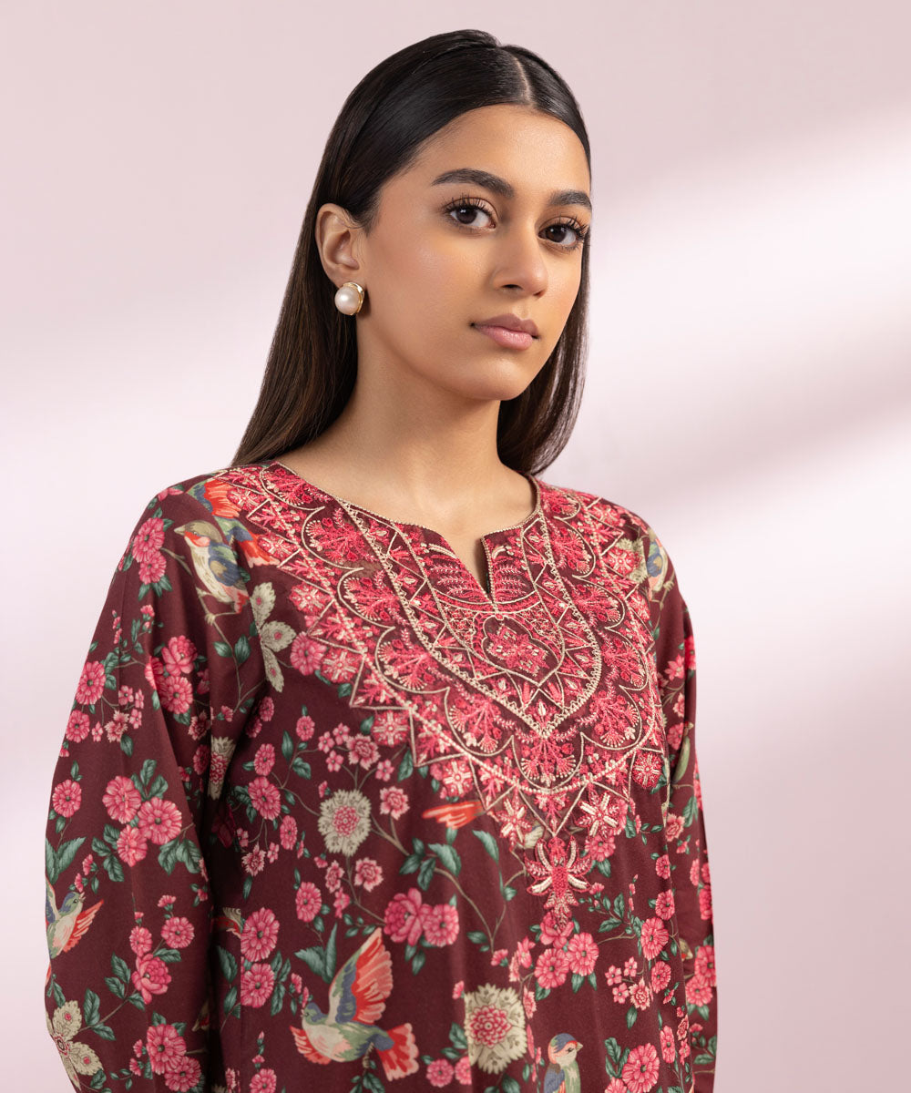 Women's Pret Cotton Printed Red Straight Shirt