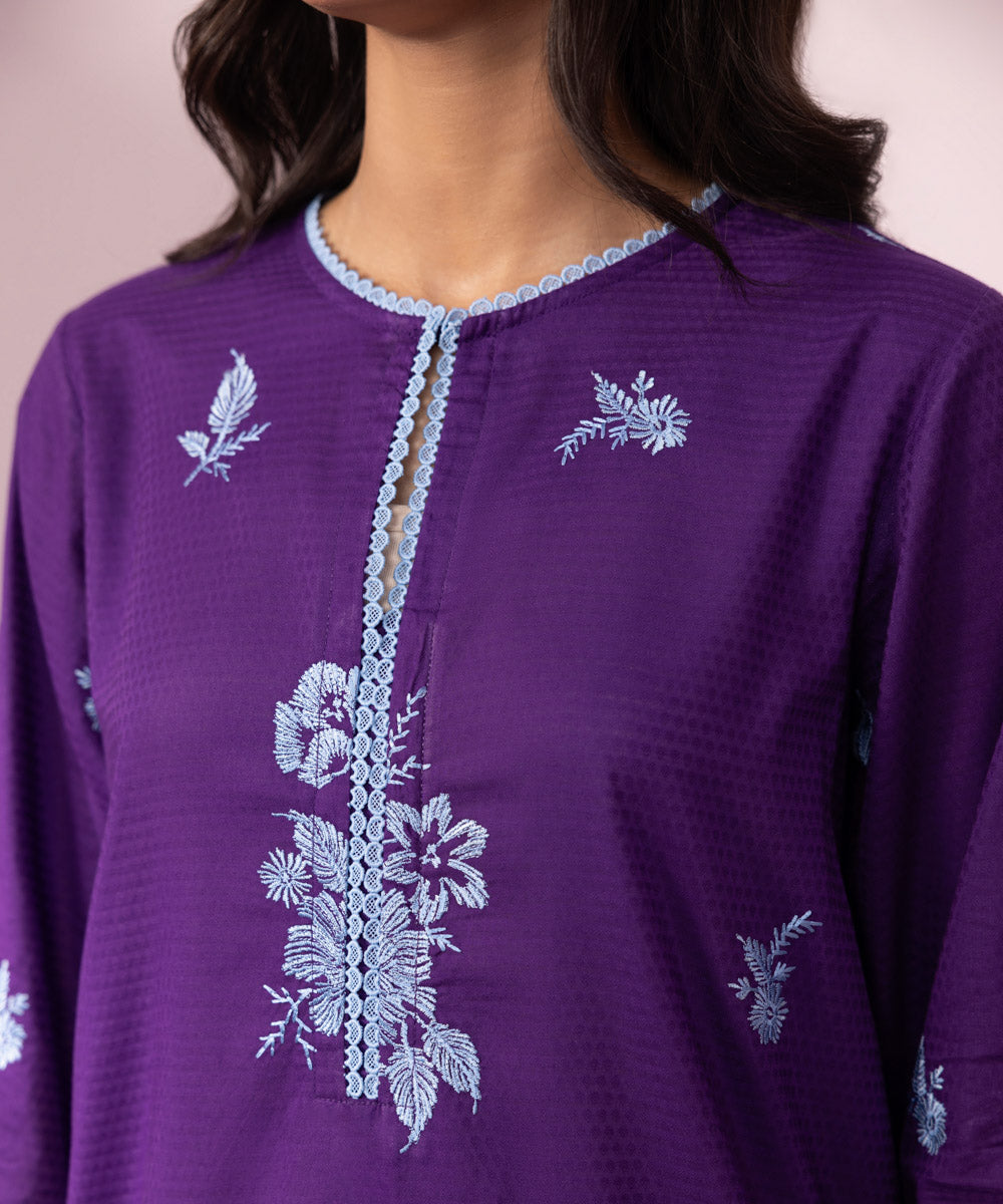 Women's Pret Dobby Embroidered Purple Straight Shirt
