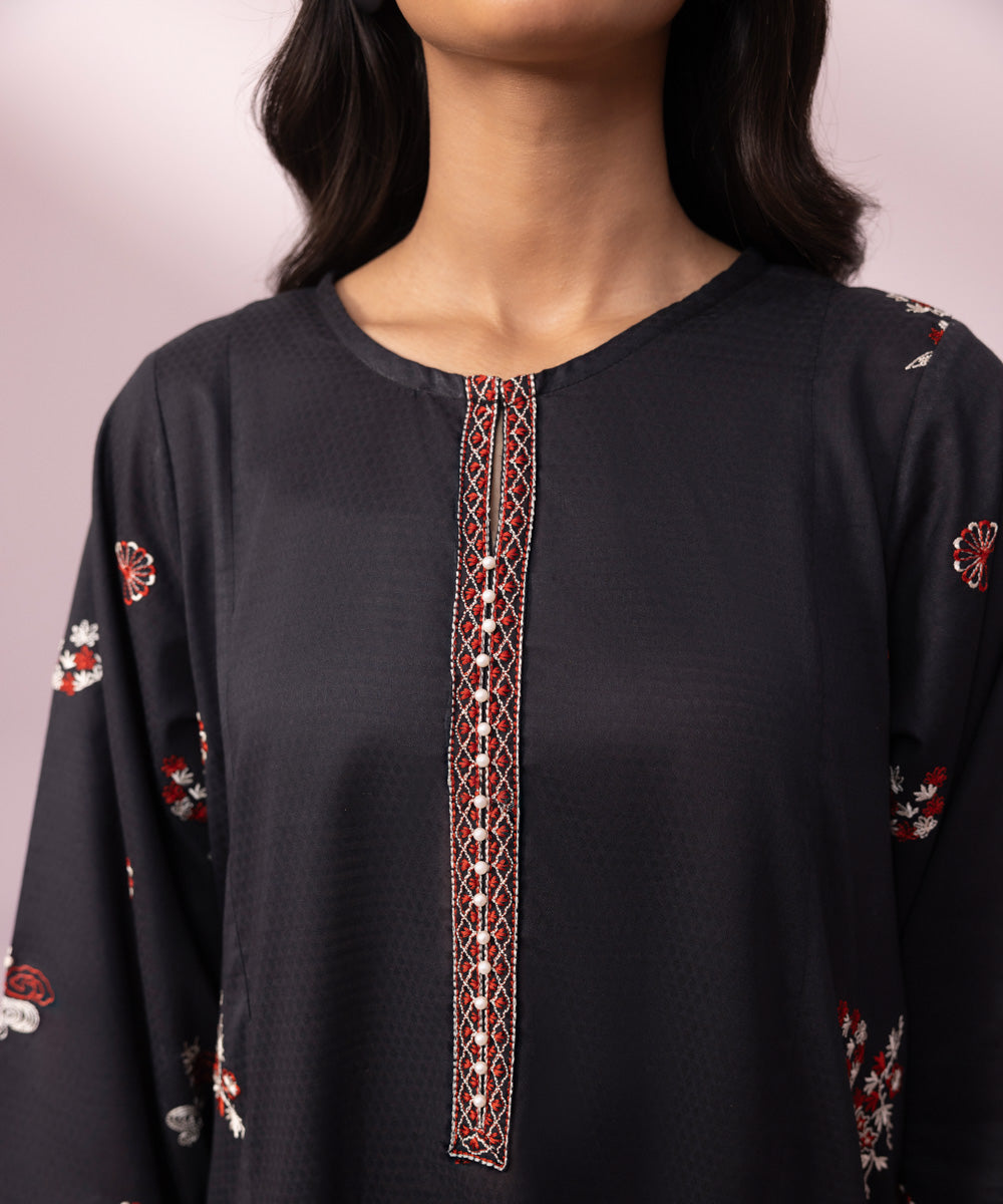 Women's Pret Dobby Embroidered Black A-Line Shirt