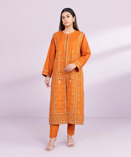 Women's Pret Cotton Jacquard Embroidered Orange A-Line Shirt