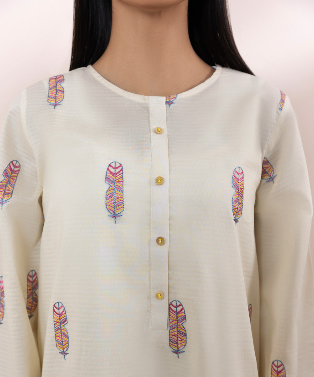 Women's Pret Dobby Embroidered Off White A-Line Shirt