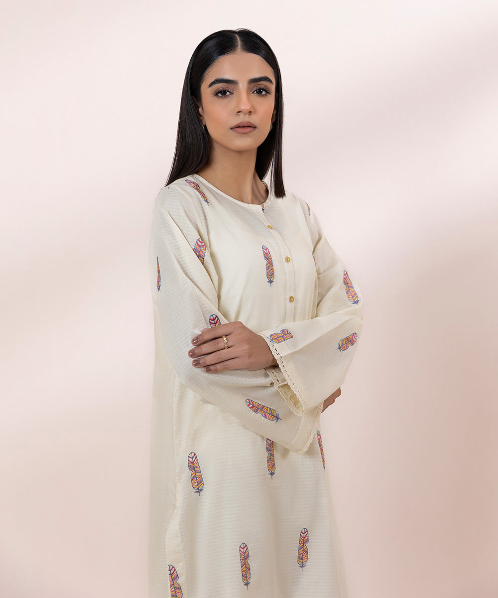 Women's Pret Dobby Embroidered Off White A-Line Shirt