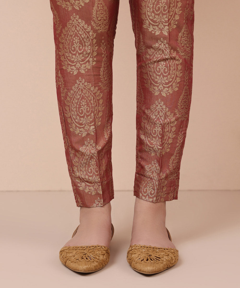 Women's Pret Blended Jacquard Dyed Rust Brown Cigarette Pants