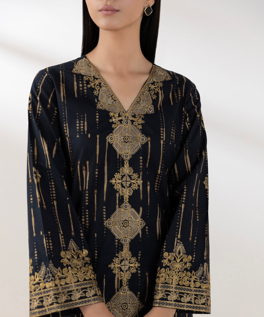 Women's Pret Lawn Printed Embroidered Black A-Line Shirt