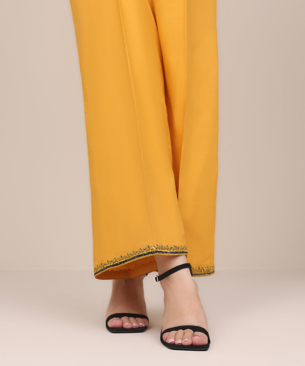 Women's Pret Cotton Viscose Yellow Embroidered Culottes