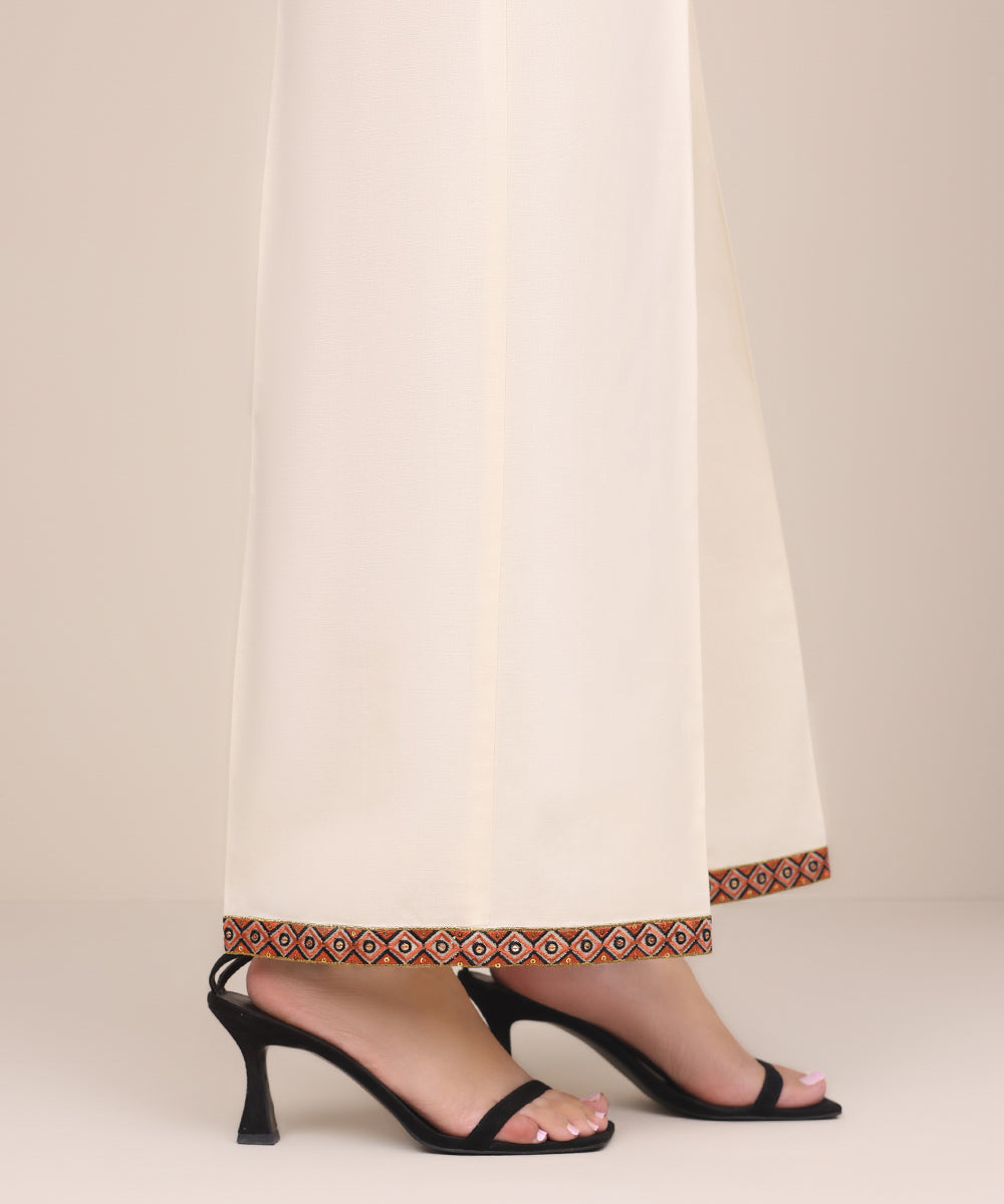 Women's Pret Cotton Viscose Off White Embroidered Culottes