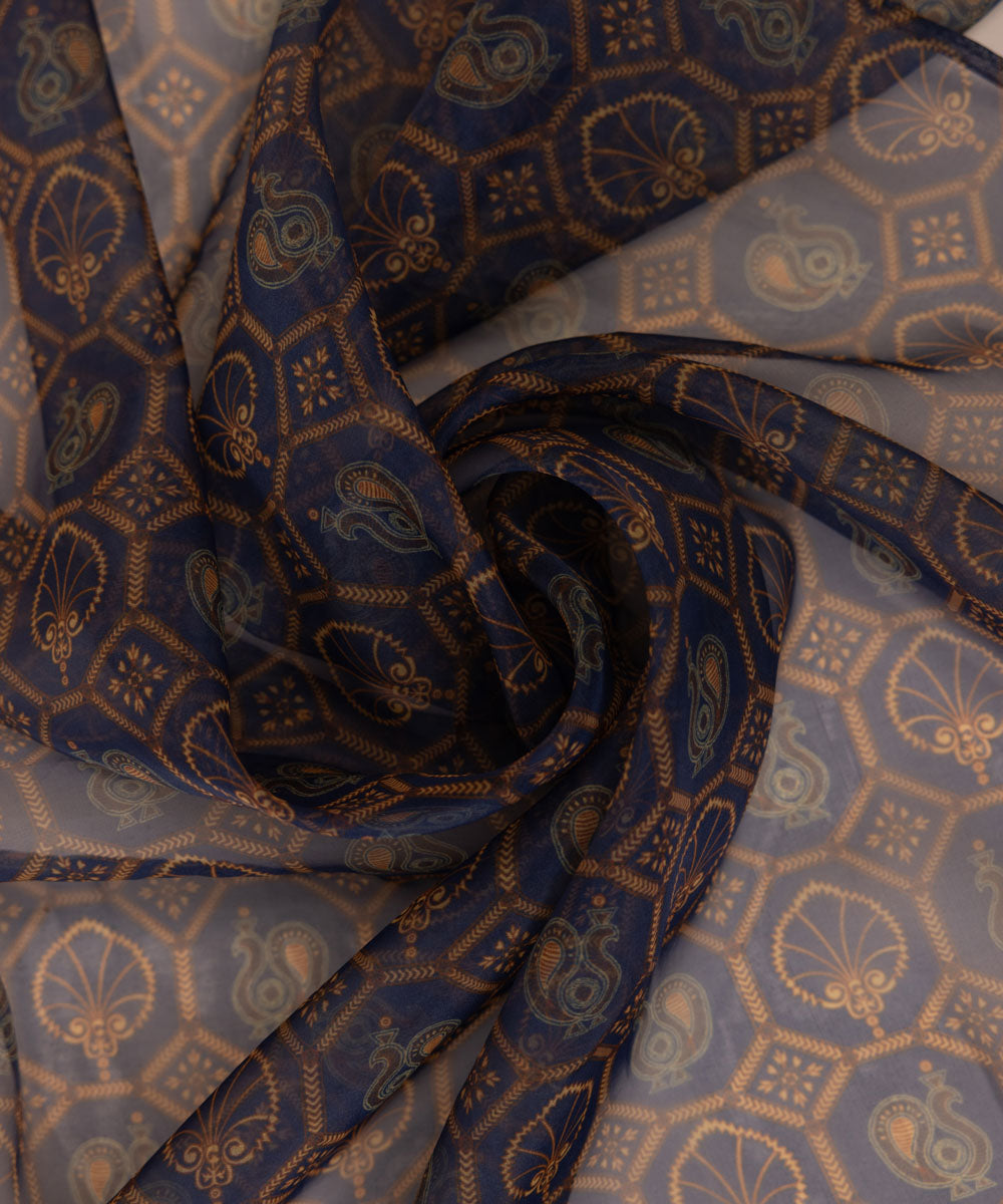 Blended Organza Blue Printed Dupatta