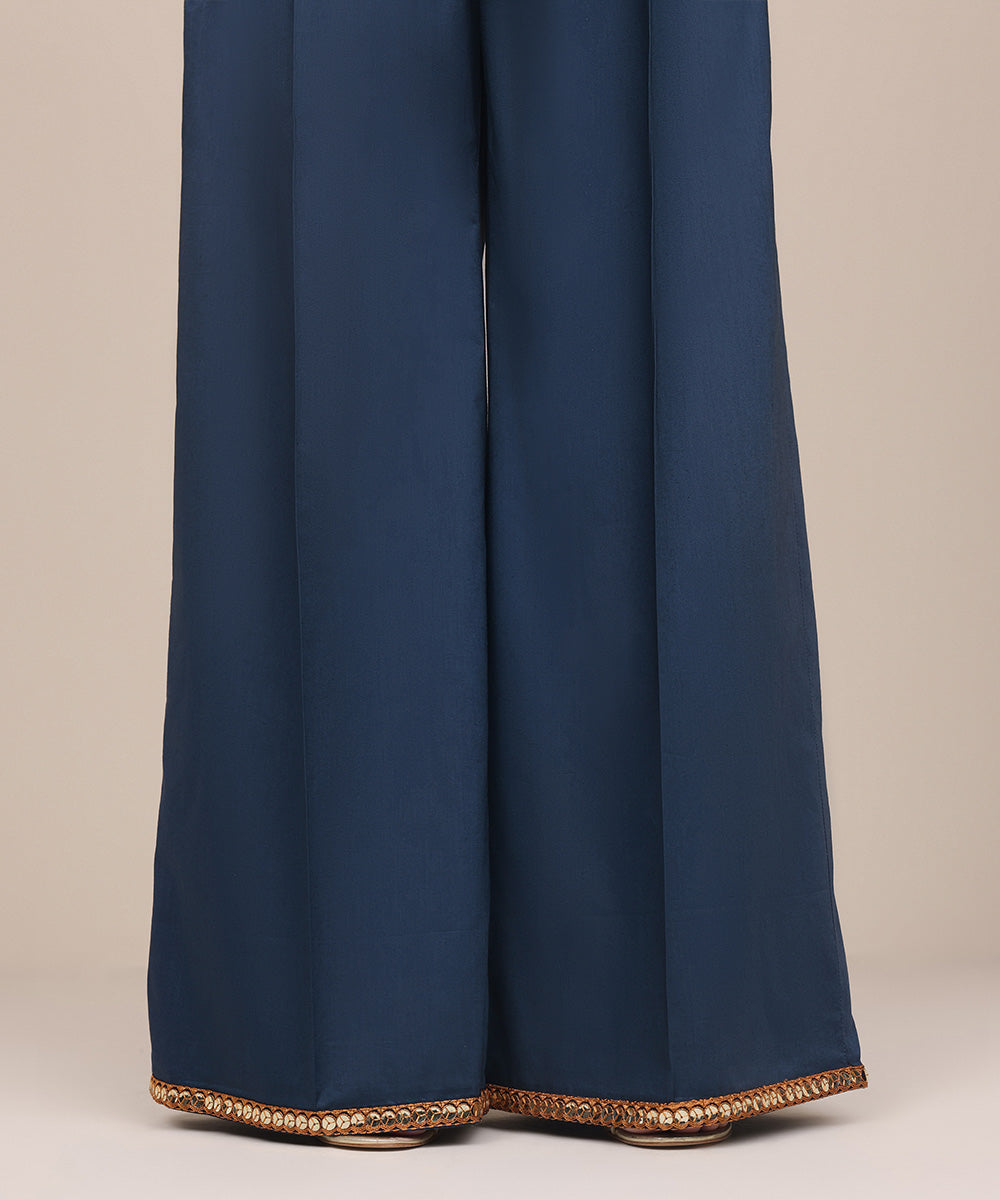 Women's Pret Cotton Viscose Blue Embroidered Culottes