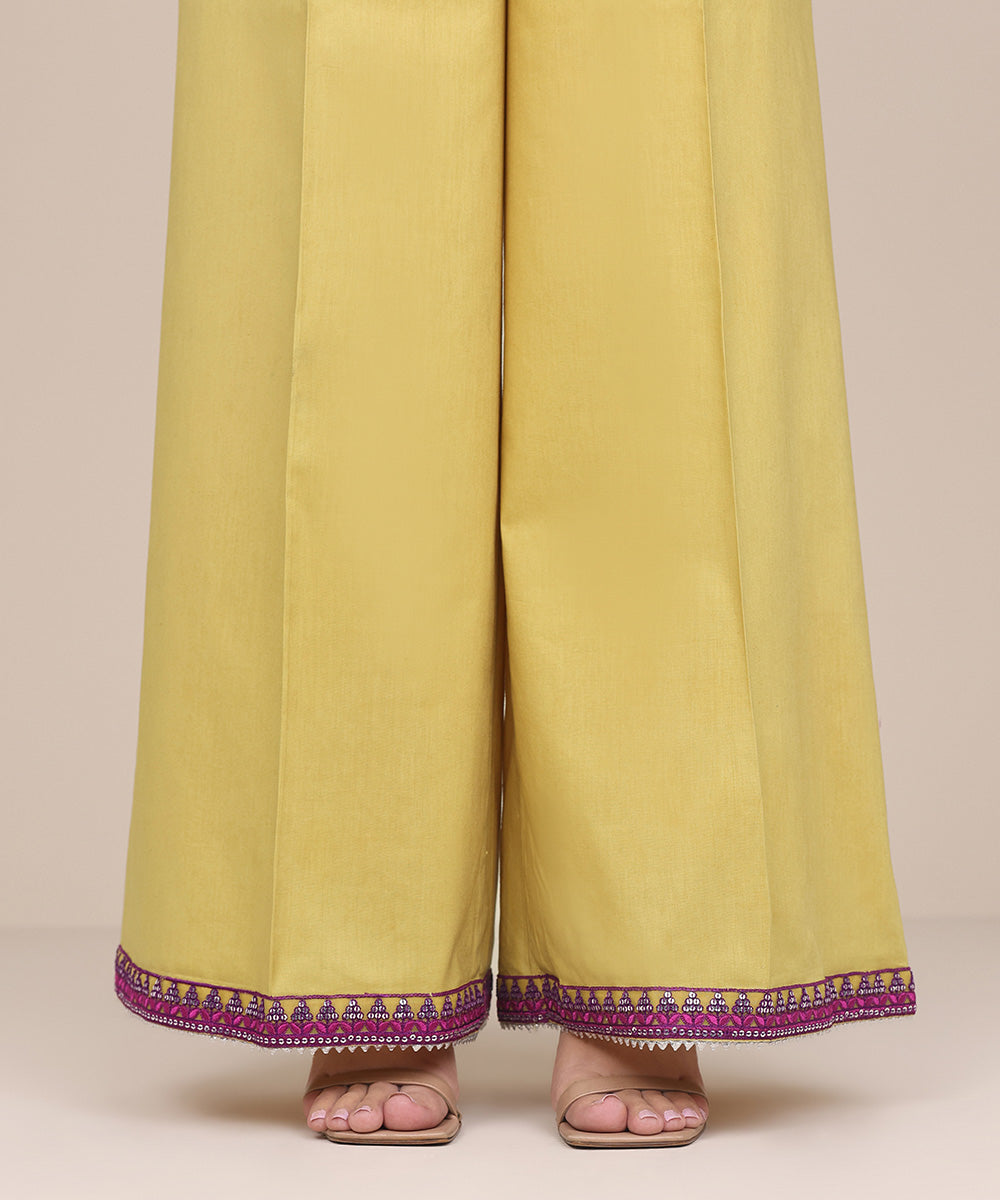 Women's Pret Cotton Viscose Yellow Embroidered Culottes