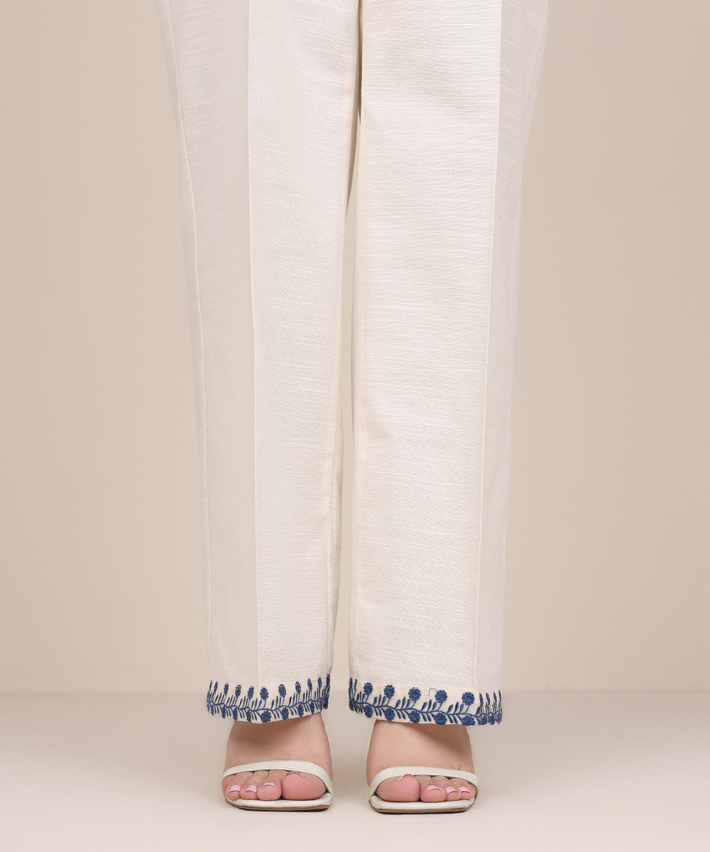 Women's Pret Khaddar Off White Embroidered Straight Pants