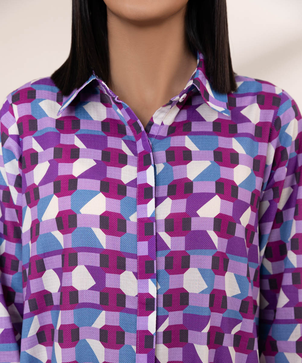 Women's Pret Dobby Printed Purple Straight Button Down Shirt