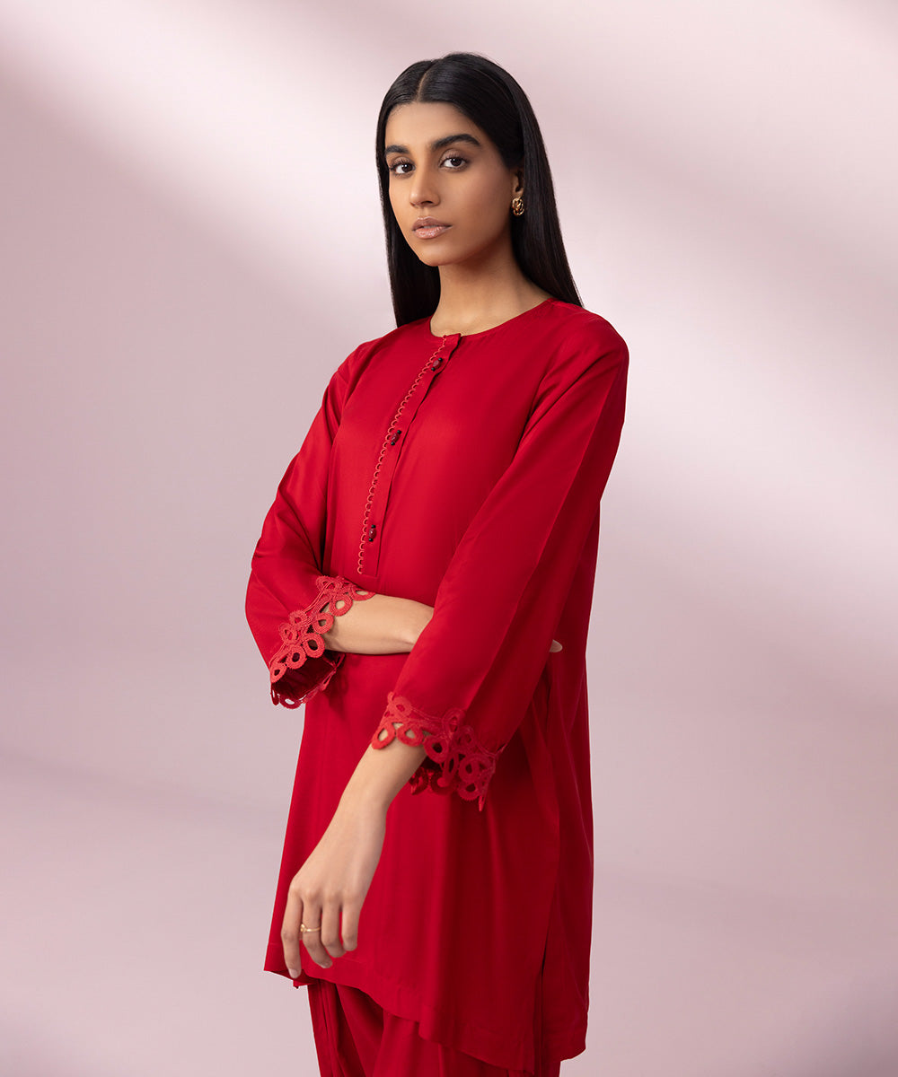 Women's Pret Arabic Lawn Solid Red Straight Shirt