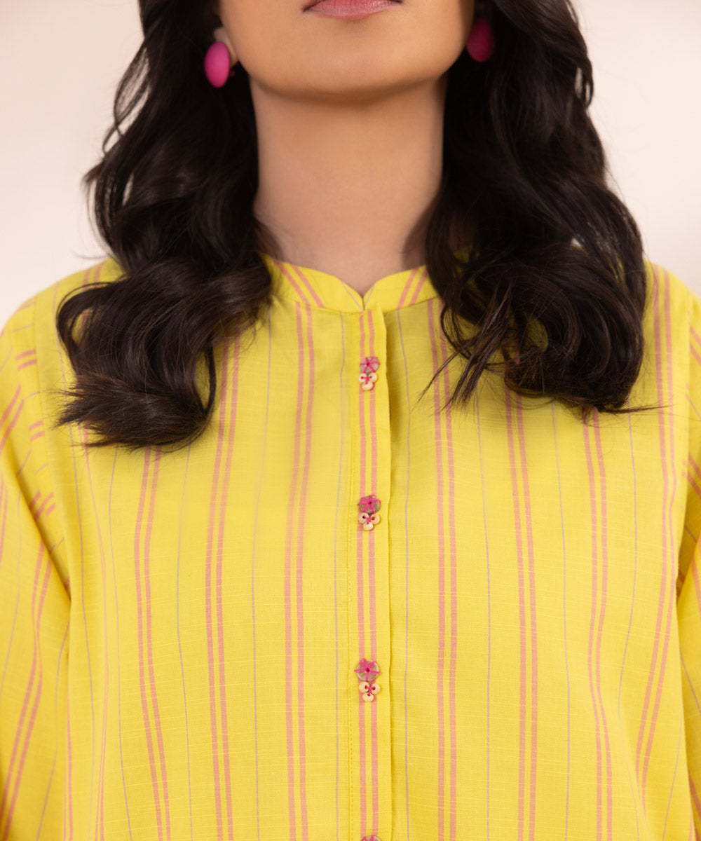 Women's Pret Yarn Dyed Solid Yellow Straight Shirt