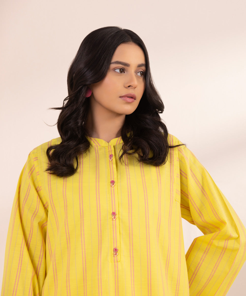 Women's Pret Yarn Dyed Solid Yellow Straight Shirt