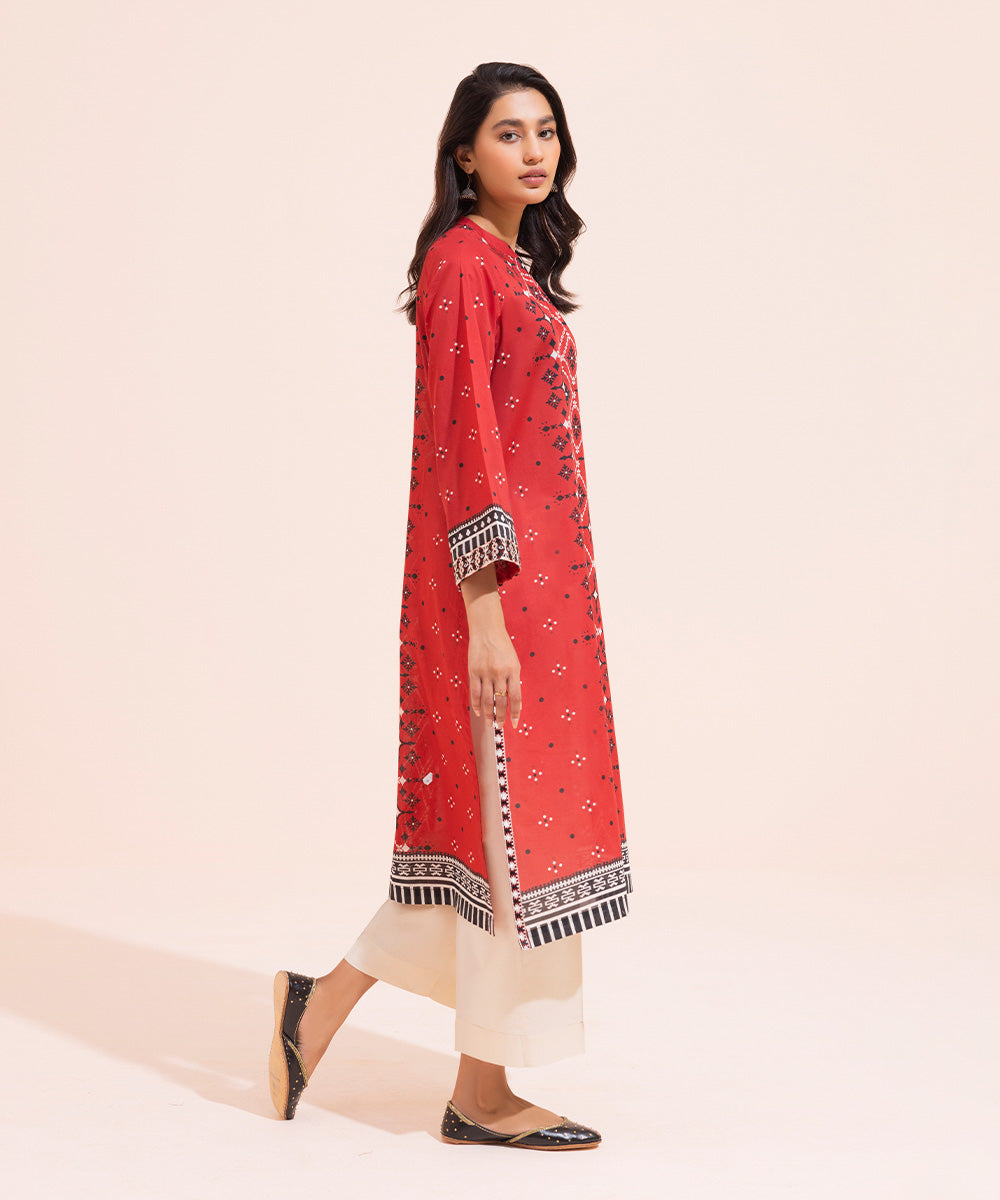 Women's Eid Pret Lawn Printed Embroidered Bright Red Straight Shirt