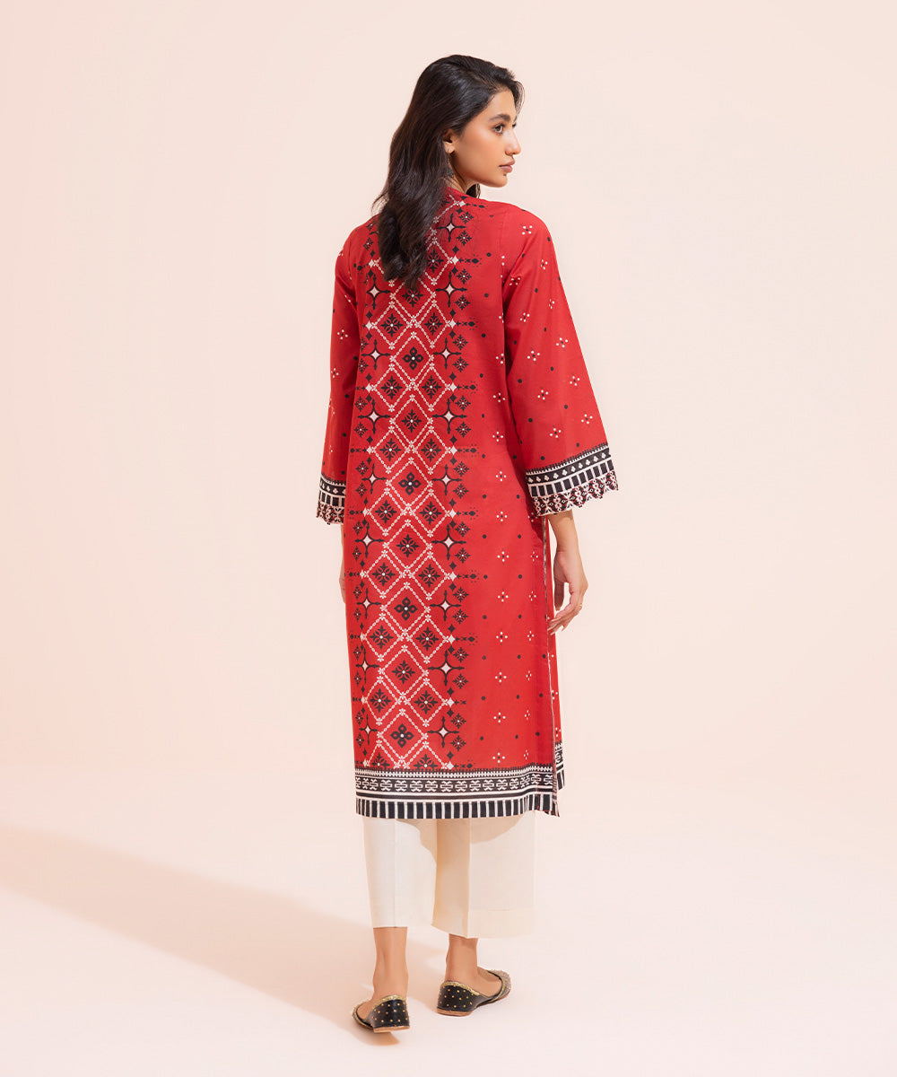 Women's Eid Pret Lawn Printed Embroidered Bright Red Straight Shirt
