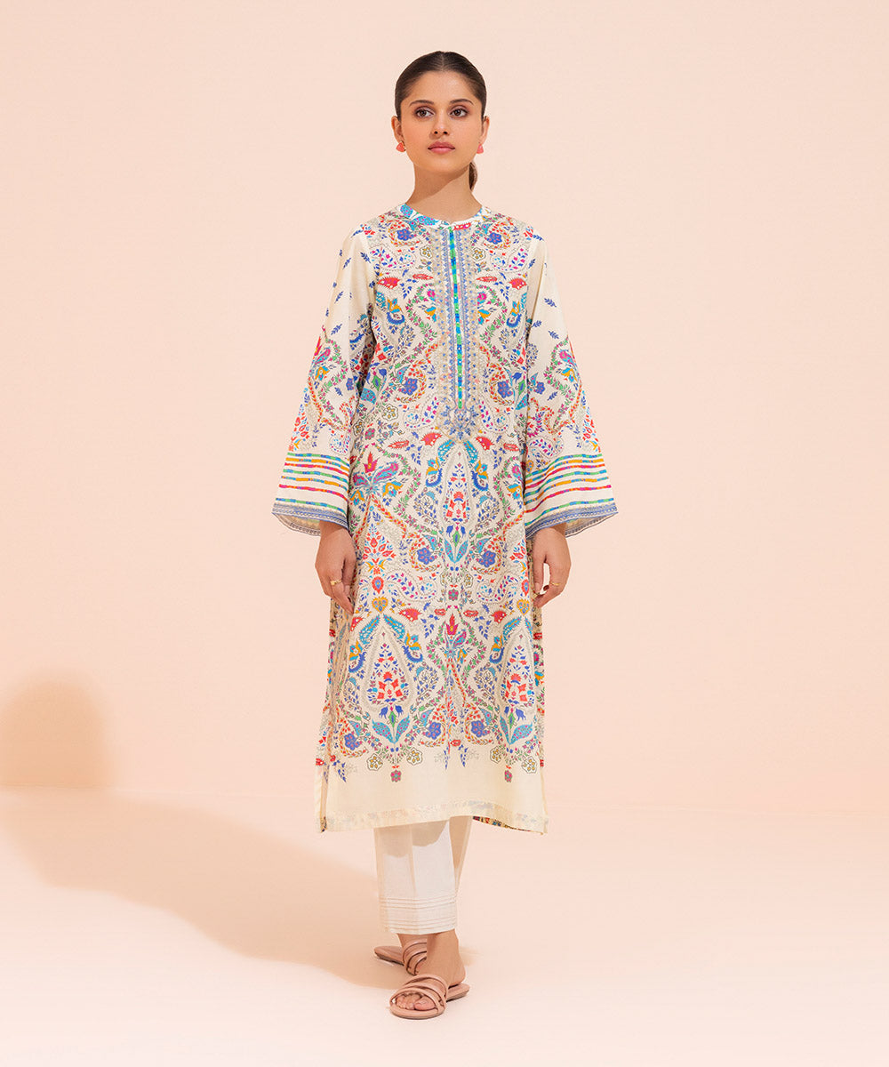 Women's Eid Pret Lawn Printed Embroidered White Base with Multi Straight Shirt