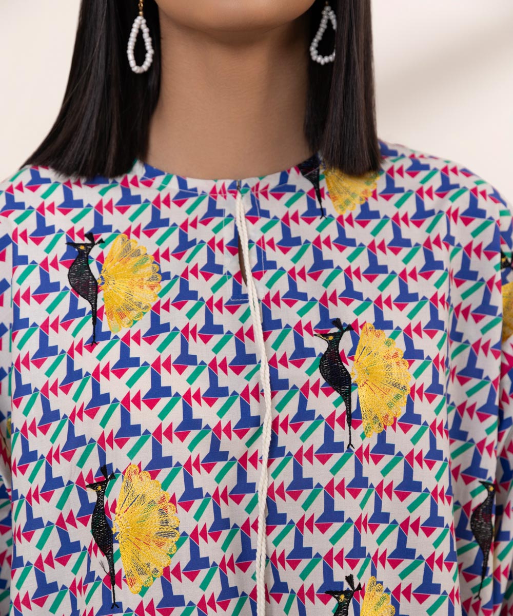 Women's Pret Cambric Printed Embroidered Multi Straight Shirt