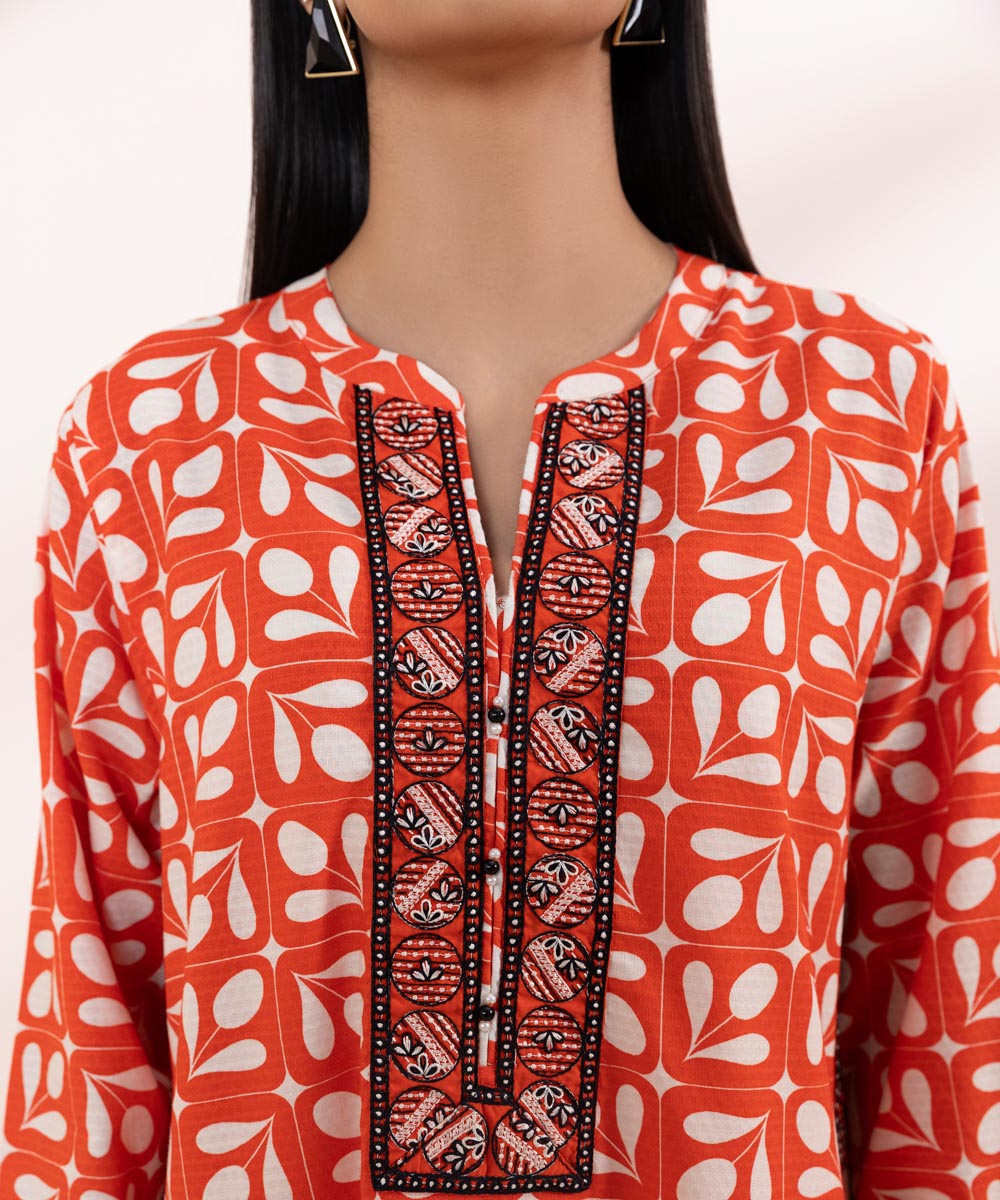 Women's Pret Dobby Embroidered Orange Straight Shirt
