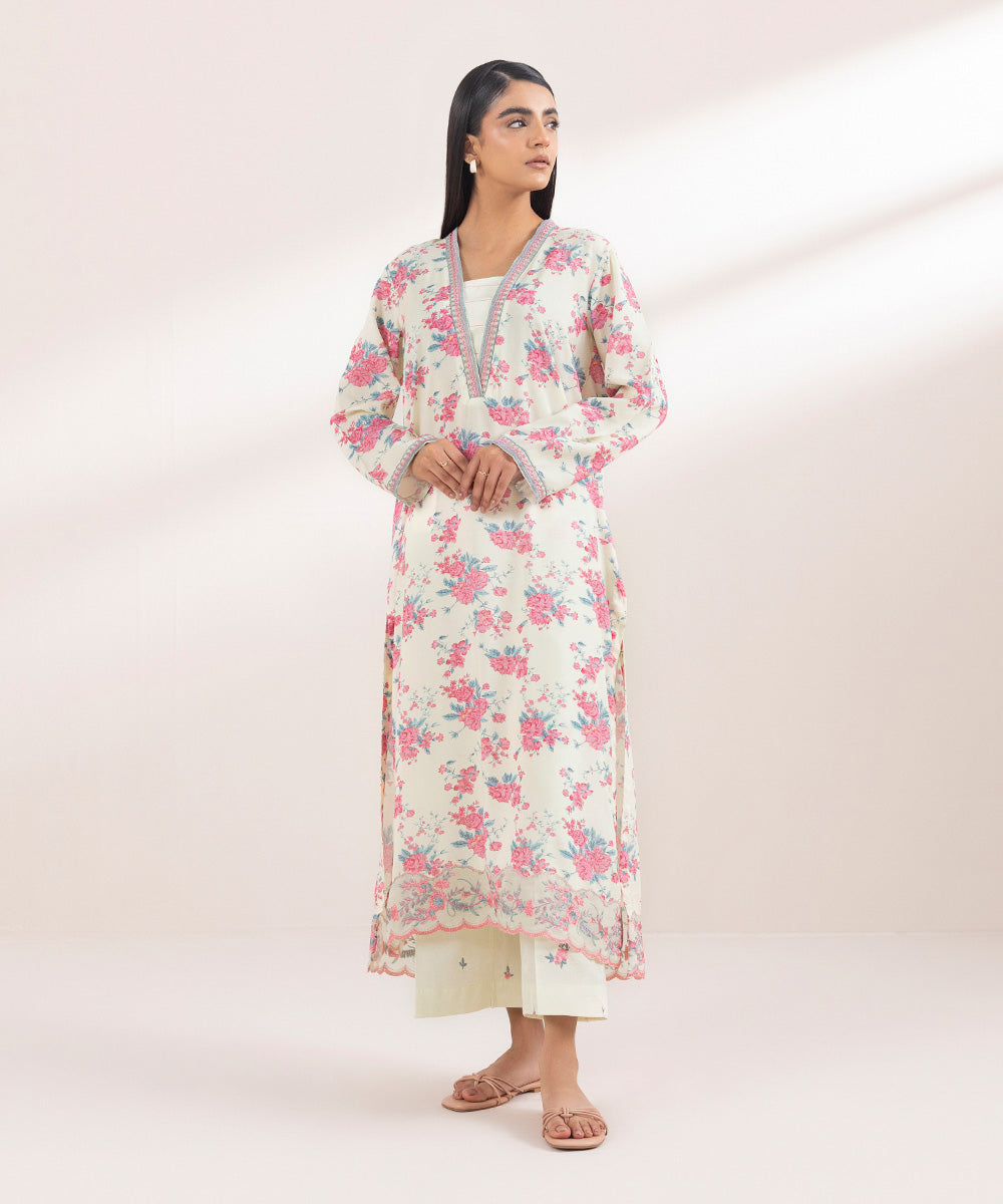 Women's Pret Arabic Lawn Printed Embroidered Off White A-Line Shirt