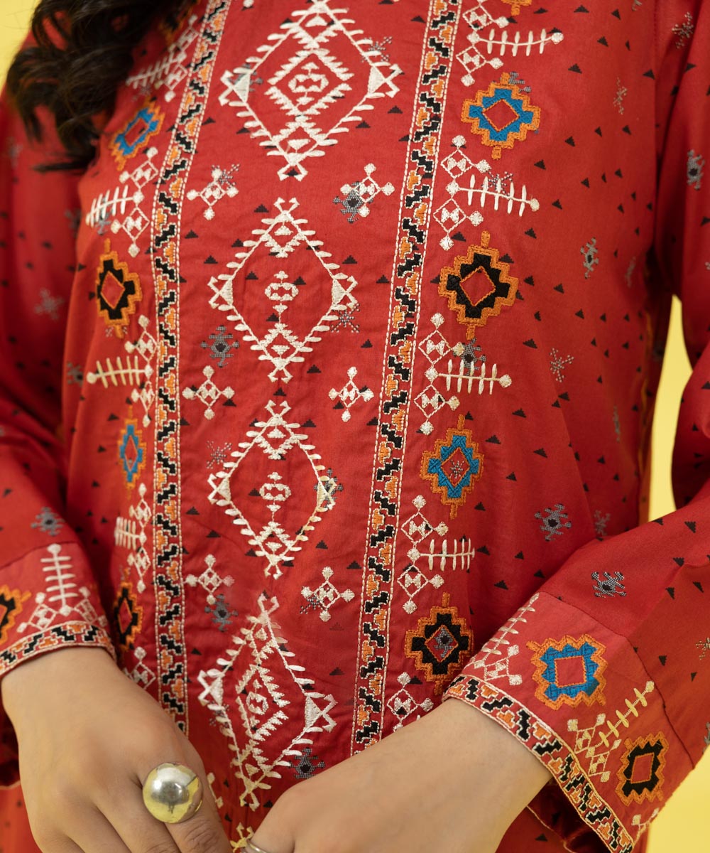 Women's Pret Summer Lawn Red Embroidered Straight Shirt