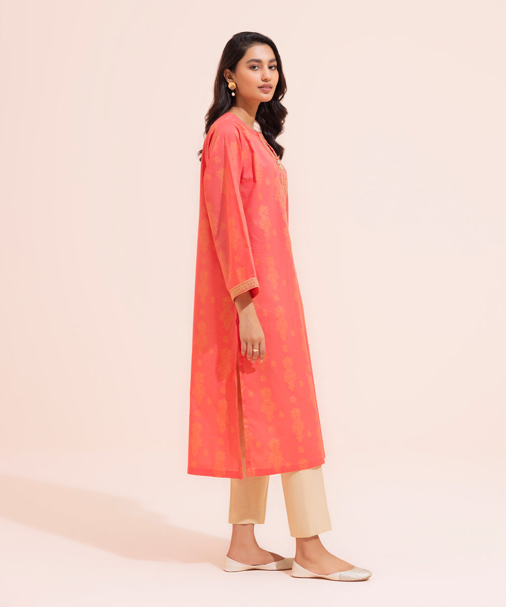 Women's Eid Pret Lawn Printed Embroidered Neon Red Orange Straight Shirt