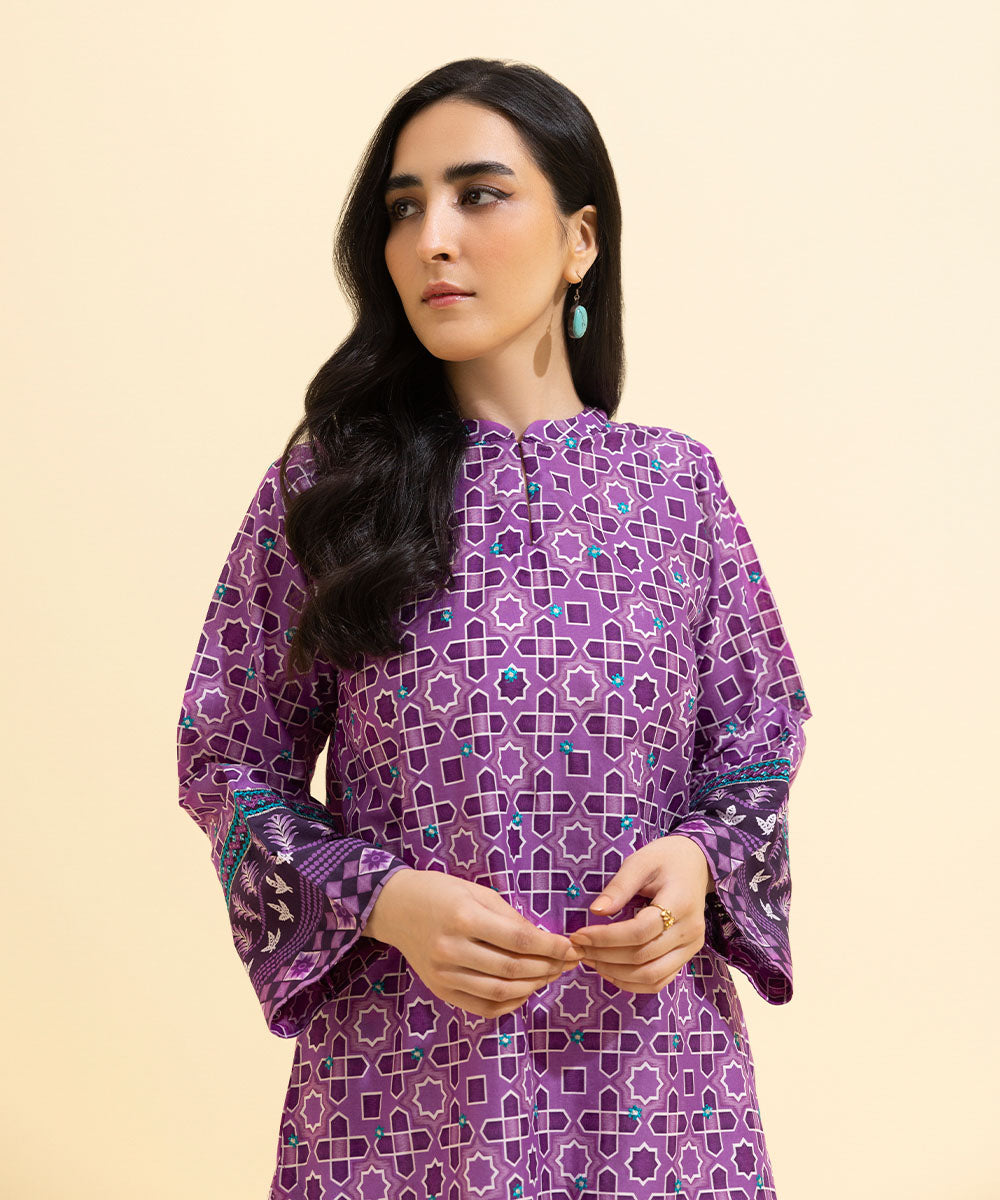 Women's Eid Pret Lawn Printed Embroidered Purple Straight Shirt