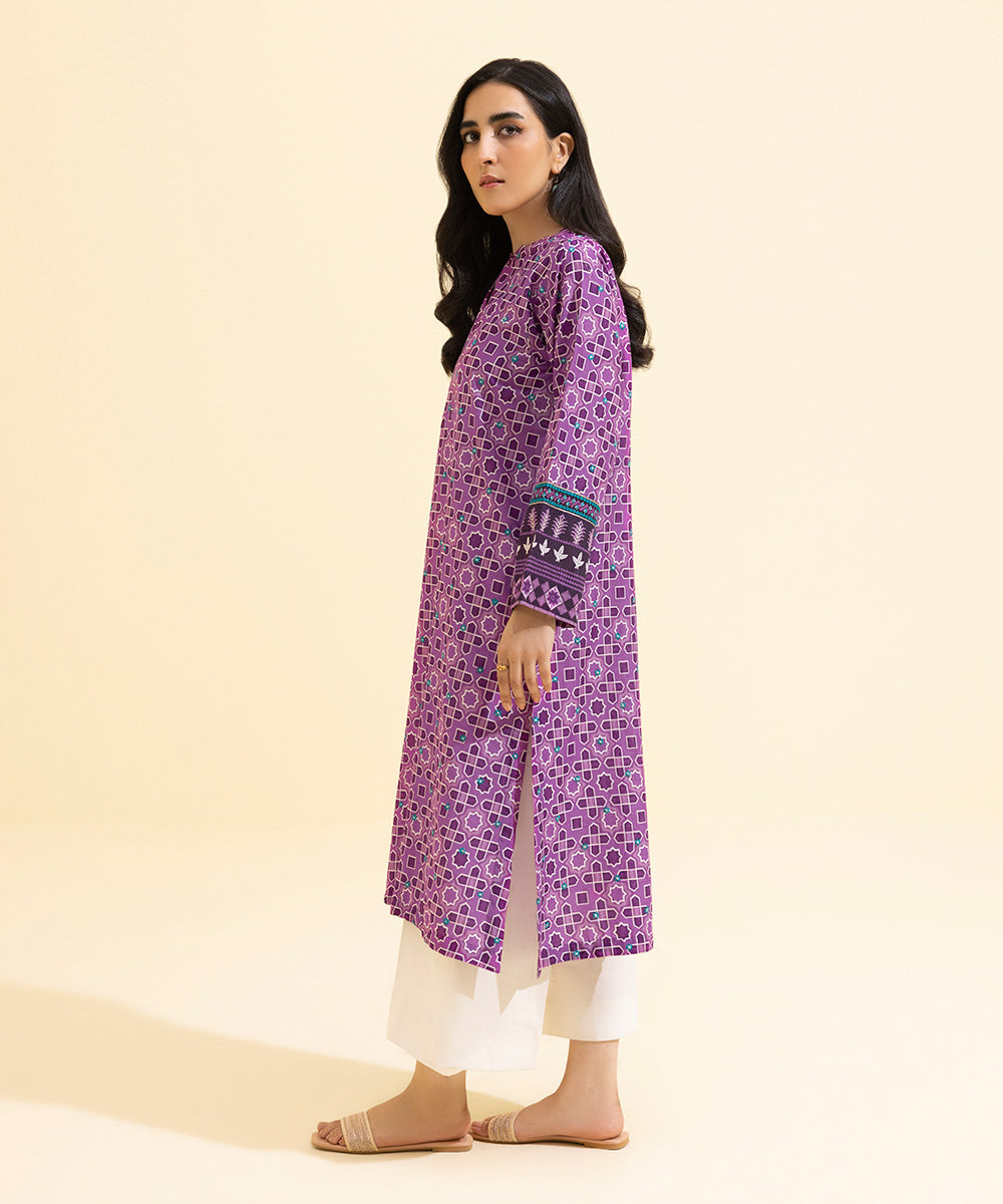 Women's Eid Pret Lawn Printed Embroidered Purple Straight Shirt