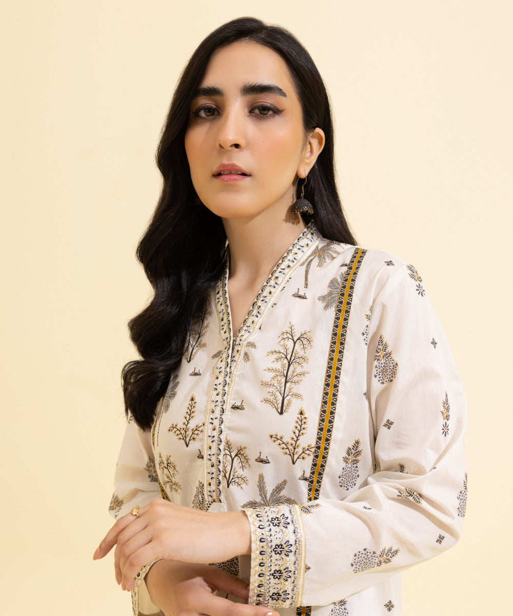 Women's Eid Pret Lawn Printed Embroidered White Straight Shirt