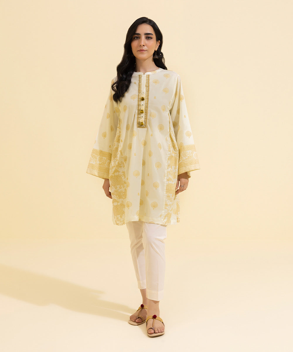 Women's Eid Pret Lawn Printed Embroidered Off White Aline Shirt