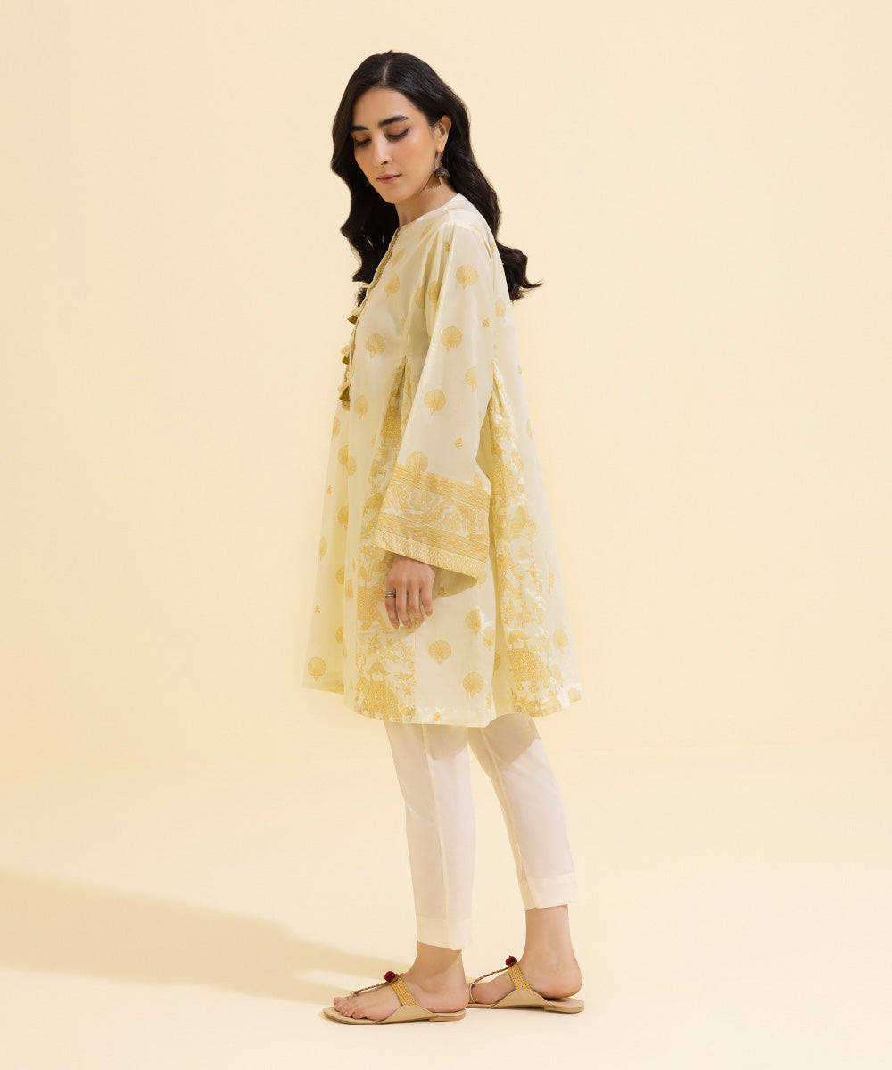 Women's Eid Pret Lawn Printed Embroidered Off White Aline Shirt