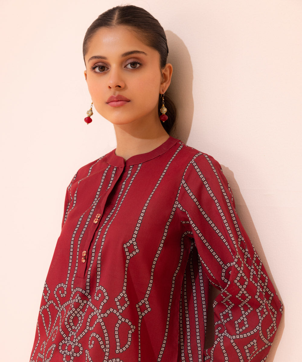 Women's Eid Pret Lawn Printed Embroidered Deep Red Straight Shirt