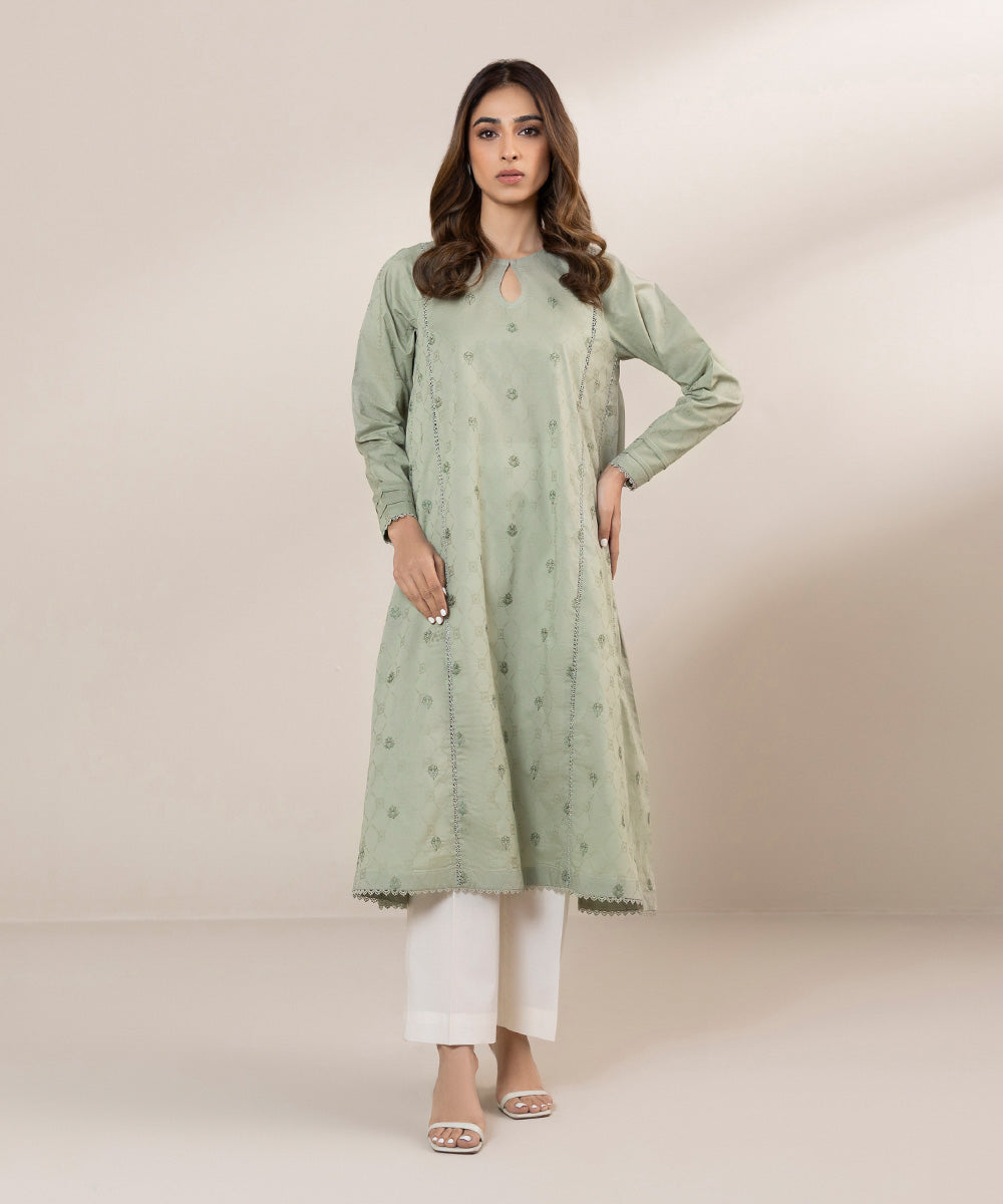 Women's Pret Self Jacquard Solid Embroidered Green A-Line Shirt