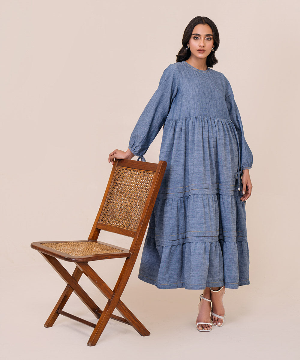Women's Pret Chambray Solid Blue Tier Dress