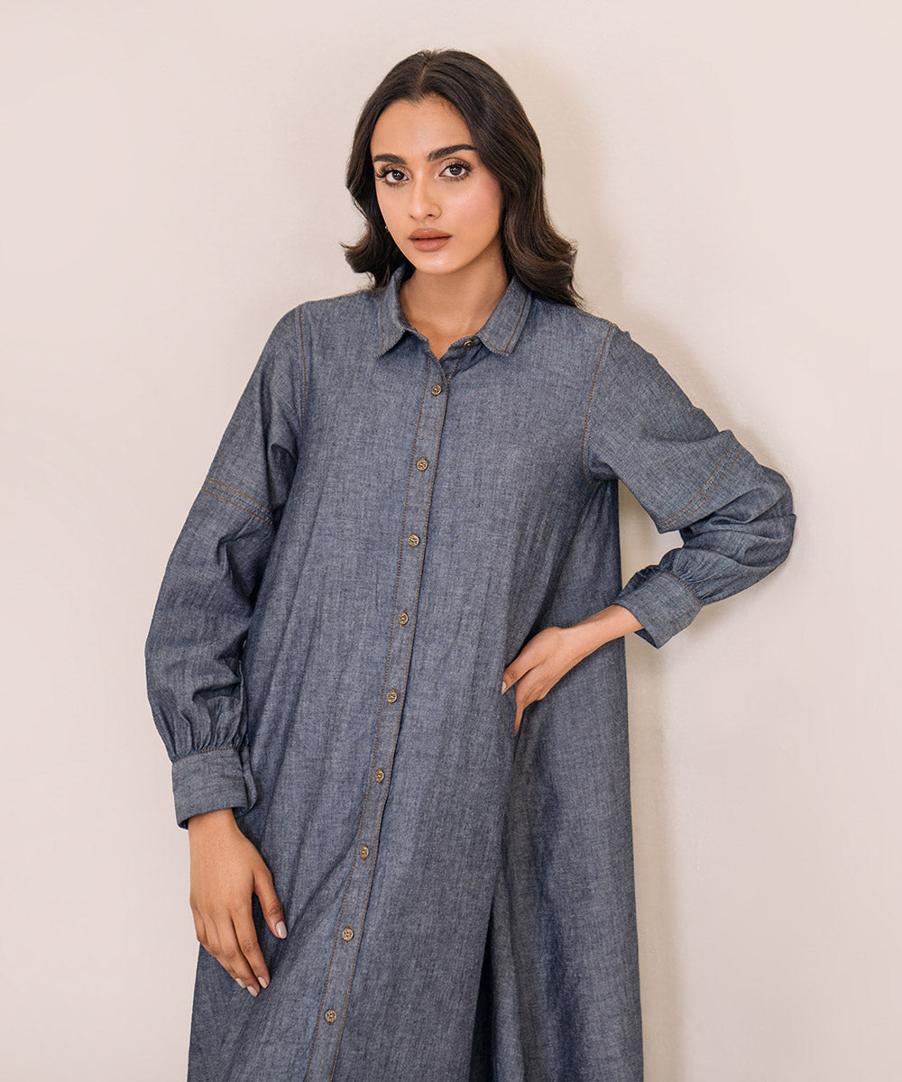 Women's Pret Chambray Solid Blue A-Line Shirt