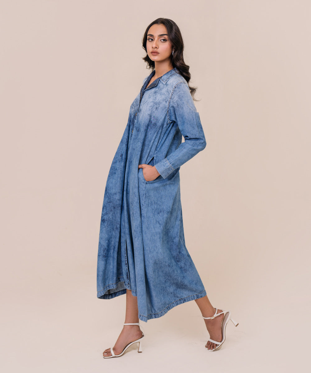 Women's Pret Denim Solid Blue A-Line Shirt