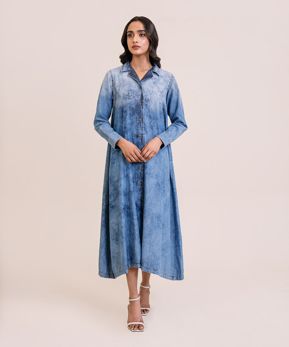 Women's Pret Denim Solid Blue A-Line Shirt