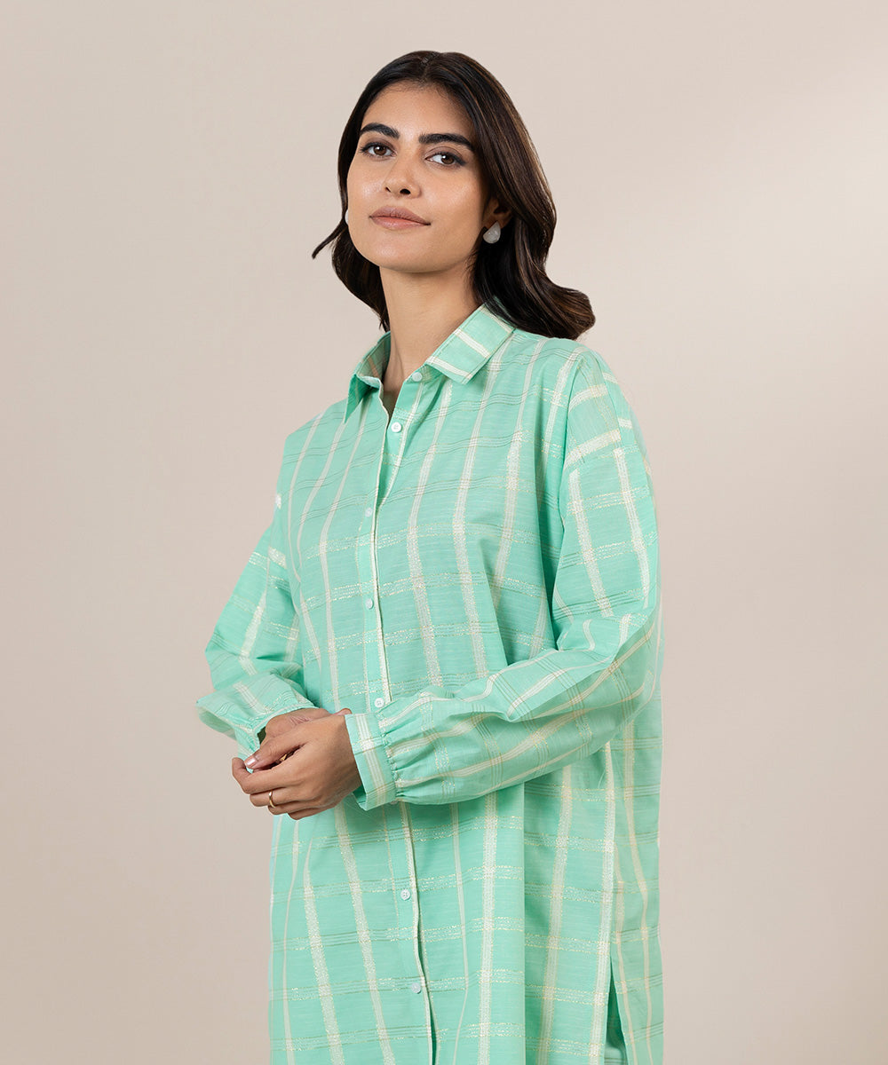 Women's Pret Yarn Dyed Solid Green Straight Button Down Shirt