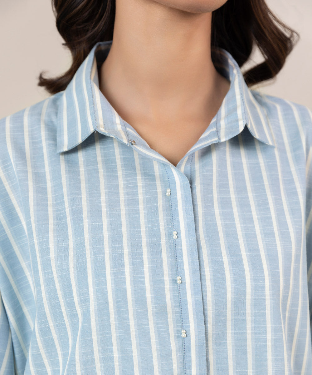 Women's Pret Yarn Dyed Solid Blue Boxy Shirt