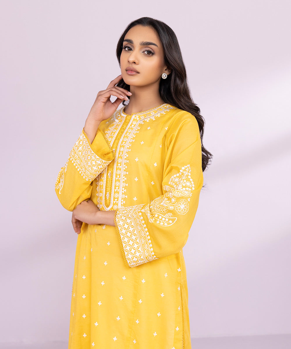 Women's Pret Slub Lawn Embroidered Solid Yellow A-Line Shirt