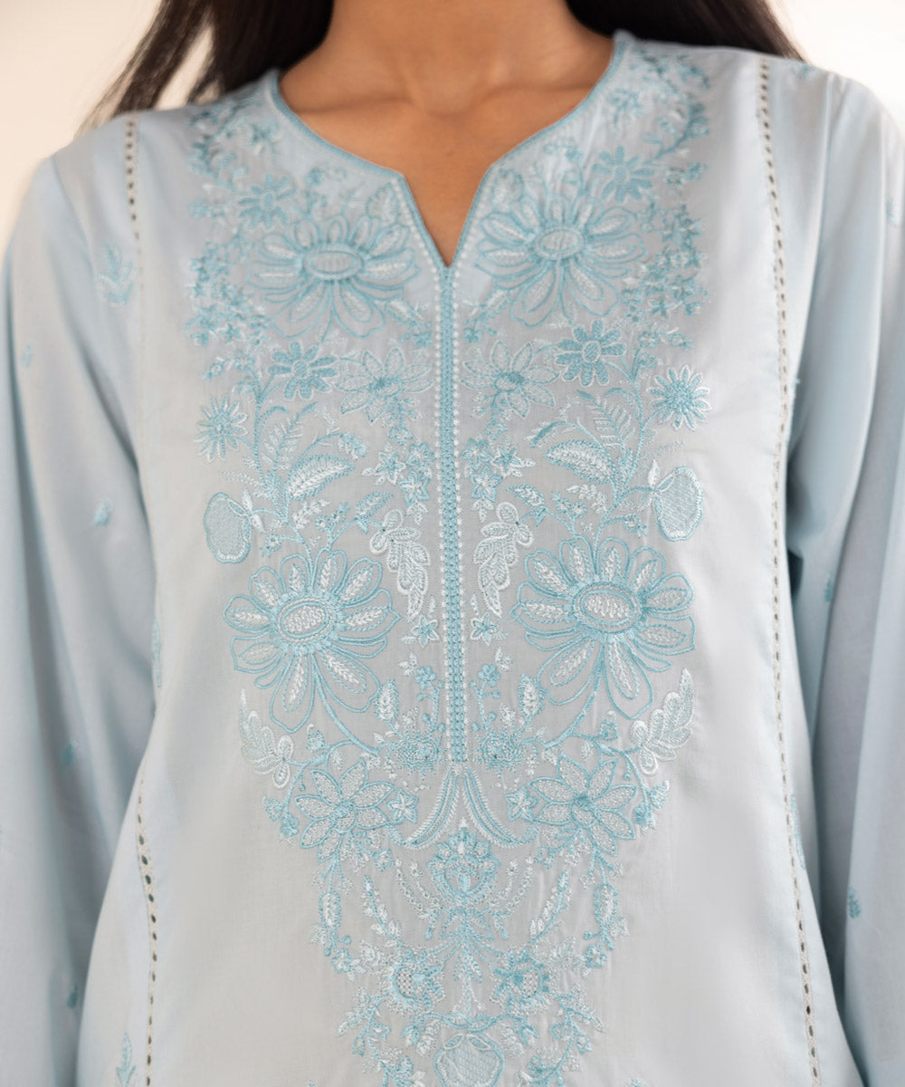 Women's Pret Cotton Blue Chikankari A-Line Shirt