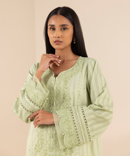 Women's Pret Dobby Green Chikankari Straight Shirt