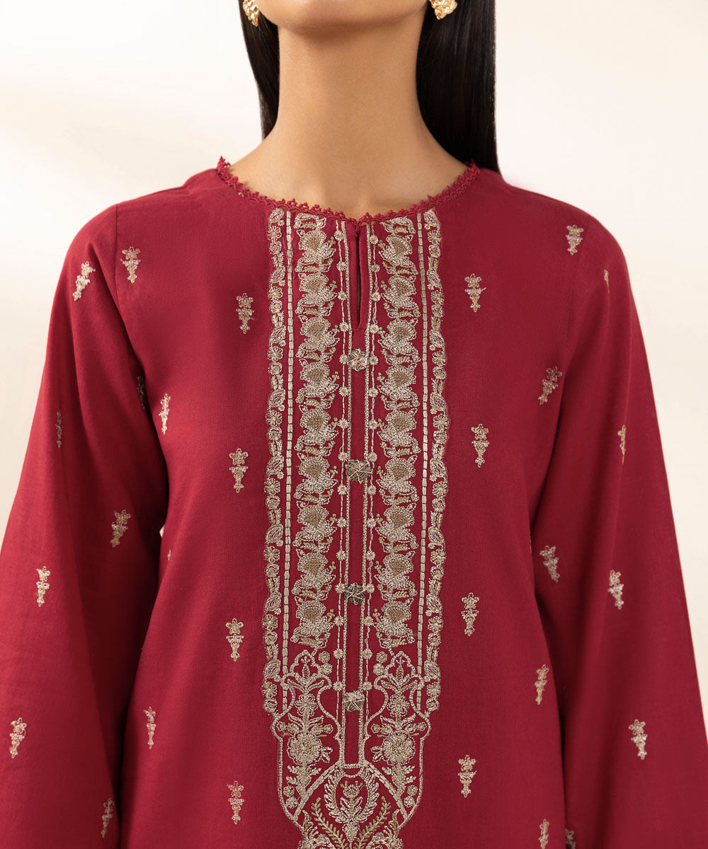 Women's Pret Cotton Linen Solid Embroidered Red A-Line Shirt