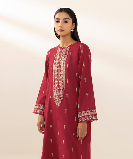 Women's Pret Cotton Linen Solid Embroidered Red A-Line Shirt