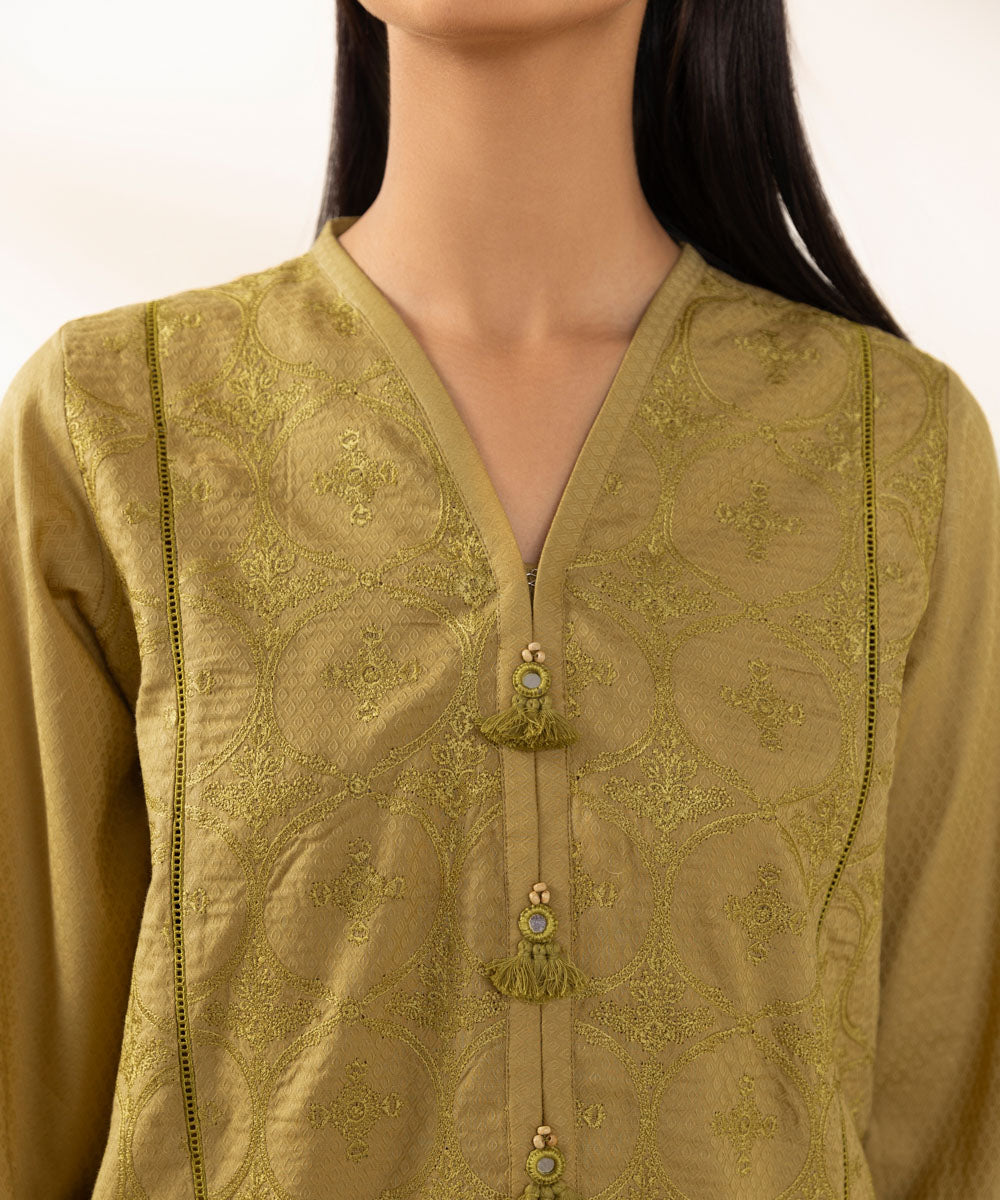 Women's Pret Dobby Solid Embroidered  Olive Yellow A-Line Shirt